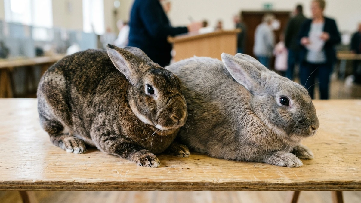 Side-by-side Castor Agouti and Blue Rex domestic rabbits displaying coat color genetics variation
